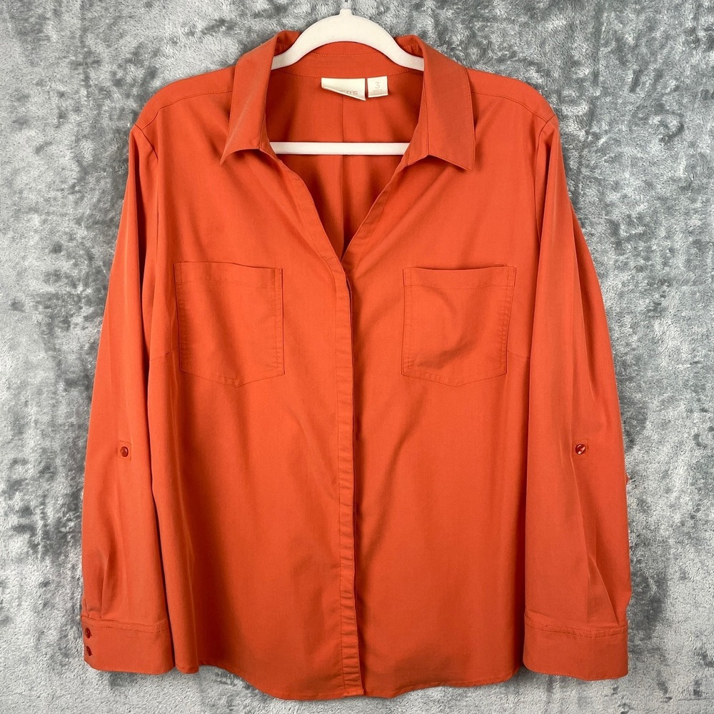 Chicos Button Up Shirt Womens Size 3 US XL Orange Roll Tab Sleeves Top Stretch